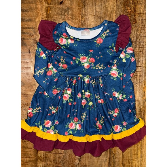 Other - Girls Navy Blue Floral Long Sleeve Ruffle Hem Dress XS Burgundy Mustard Accent